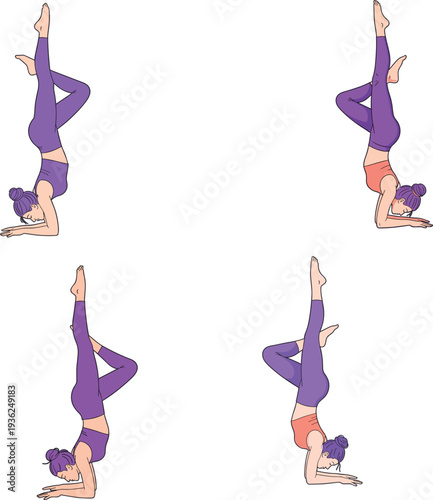 Young woman practicing advanced yoga forearm stand pose variations in purple leggings for fitness and wellness lifestyle illustrations