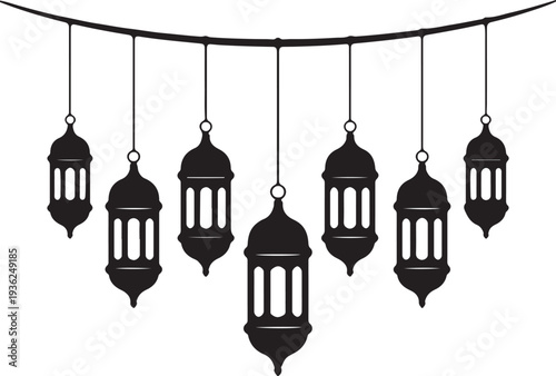 Islamic lanterns suspended from a string, traditional decorative lights for Ramadan and Eid celebrations, elegant silhouette on transparent background.