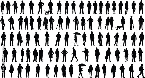 Human and animal silhouettes diverse poses, walking profiles vector illustration, lifestyle design elements, modern people with pets artistic collection