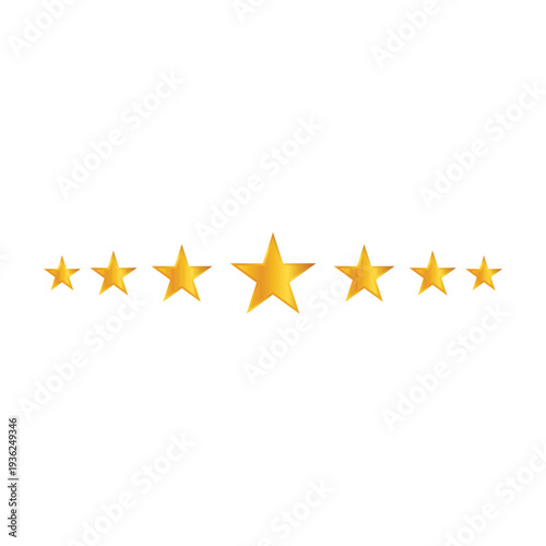 Metallic gold star rating icon row – Elegant metallic gold star icons arranged in a horizontal row, suitable for rating systems, review graphics, decorative dividers, and premium layouts