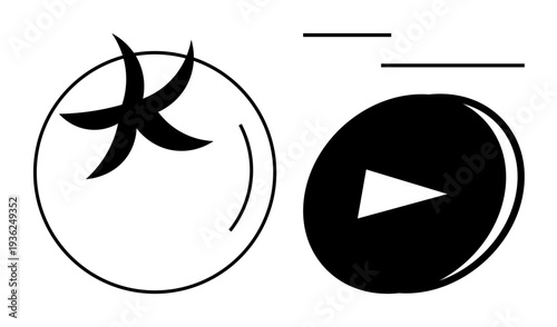Food icons, digital media, abstract concepts, minimalism, branding, creative visuals. Black and white graphic showing a tomato slice and a play button. Food icons and digital media