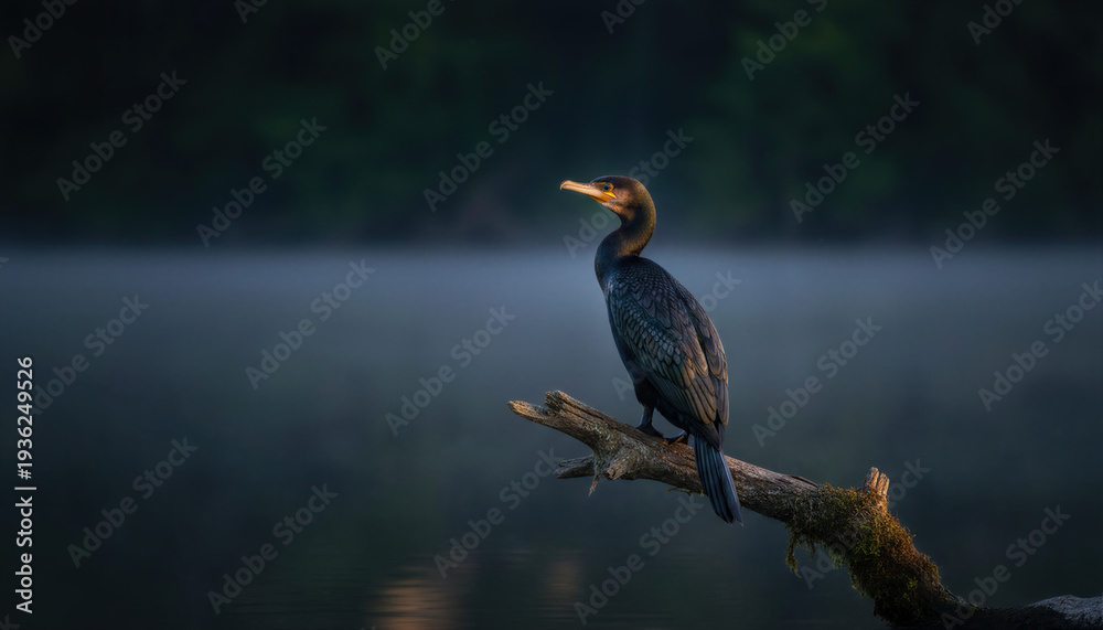 Fototapeta premium Cormorants perch upon moss-covered dead branches, beneath which lies the tranquil water surface veiled in morning mist, revealing the habits of wild waterfowl and the serene beauty of nature.