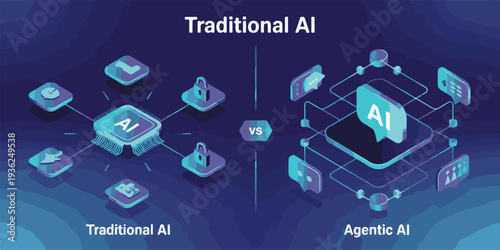 Traditional AI versus agentic AI comparison showing data processing and autonomous decision making comparison illustration