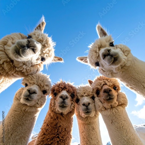 Wallpaper Mural Low-angle shot capturing six fluffy alpacas, gazing directly towards the camera against a clear, azure sky Torontodigital.ca