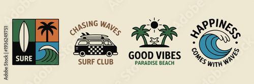 Retro surf club van with palm trees and ocean waves, vintage beach lifestyle, vector illustration, sunny day