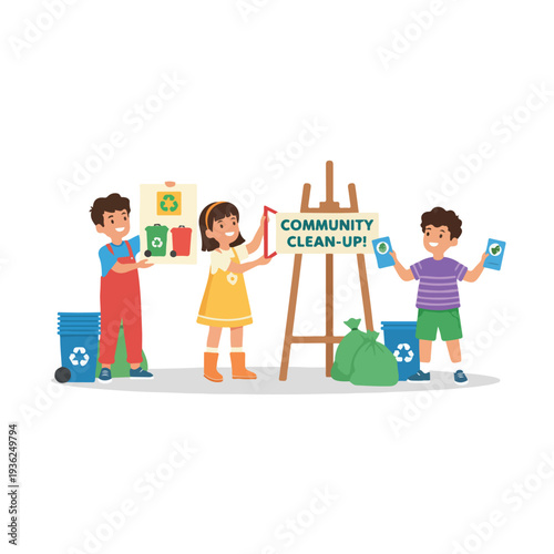 Three happy children participate in a community clean-up event, with one holding a recycling poster and another a "Community Clean-Up!" sign, surrounded by recycling bins and trash bags.
