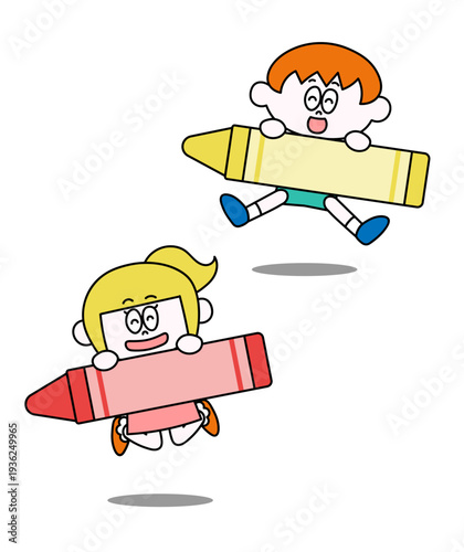 クレヨンを持った子ども③（ベクター）