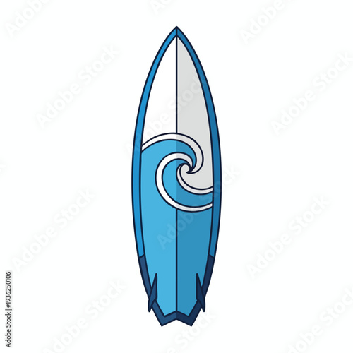 Vibrant Blue Surfboard with Wave Design on a White Background