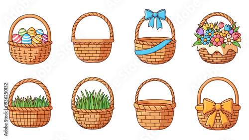 Collection of eight decorative woven baskets with various fillings and embellishments