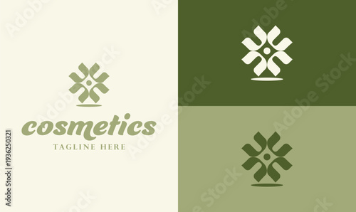 Elegant cosmetics logo with abstract floral emblem, minimalist beauty brand identity design in green tones for skincare, organic beauty, spa and wellness brands.