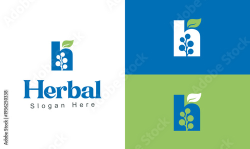 Letter H herbal logo with leaf and plant icon, modern natural health brand identity design for organic products, herbal medicine, wellness and eco business.