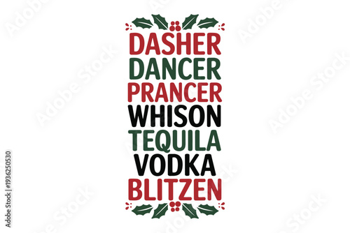 Reindeer names illustration with festive holly and berries design