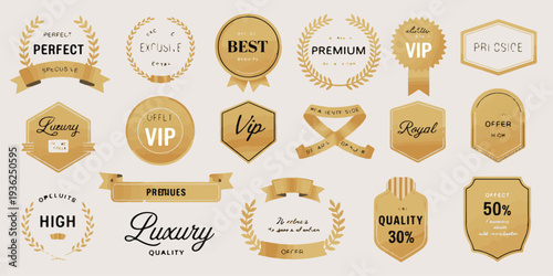 Collection of golden badges and labels with text for premium exclusive offers