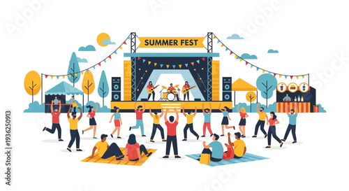 Outdoor Summer Festival Scene with People Enjoying Music and Activities on a Sunny Day Viewed from a Slightly Elevated Perspective