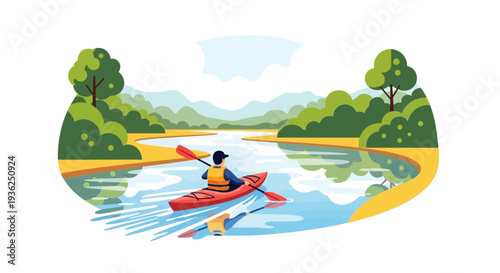Person kayaking on a serene lake surrounded by lush greenery and mountains from a distant viewpoint.