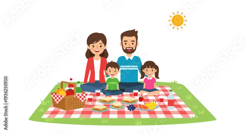 Family enjoying a picnic on a sunny rooftop during a summer party with friends and food