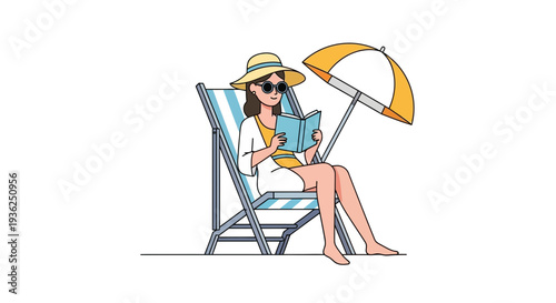 Woman relaxing on a beach chair under an umbrella reading a book on a sunny day