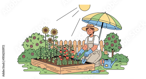 Person gardening in a raised bed with umbrella and watering can on a sunny day