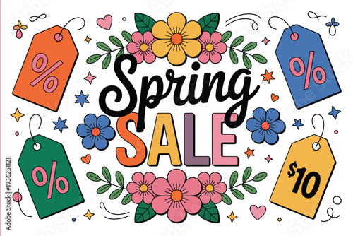 Flower illustration announces spring sale with colorful tags and discounts