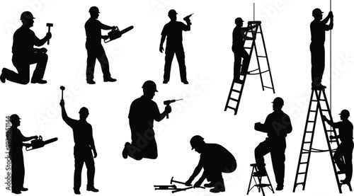 Construction worker silhouettes featuring hammering, drilling, sawing, climbing ladders, measuring tasks, hard hats, industrial labor, vector illustration design