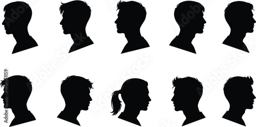 Human head profile silhouettes with different hairstyles, vector illustration, identity design graphics, facial recognition shapes for artistic and educational use
