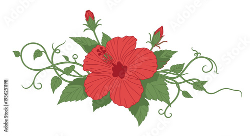 Red hibiscus flower with green leaves and vine charm