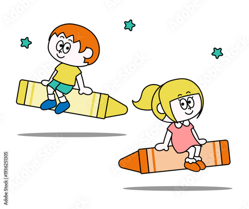 クレヨンに乗った子ども②（ベクター）