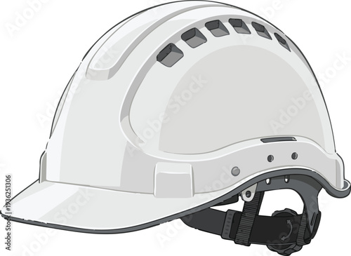 White industrial hard hat with ventilation slots and adjustable chin strap, safety head protection for construction and work sites