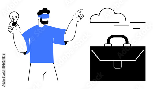 Innovation, virtual reality, digital creativity, modern business, technology ideas, professional solutions. Man holds a lightbulb while wearing VR glasses with a briefcase nearby. Innovation