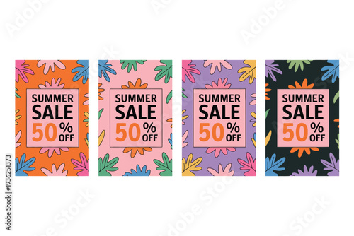 Summer sale banners with 50 percent off in colorful floral patterns