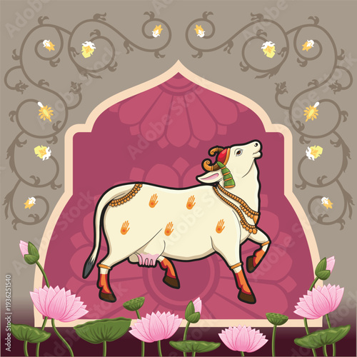 Indian Miniature art Sacred Pichwai Cow
