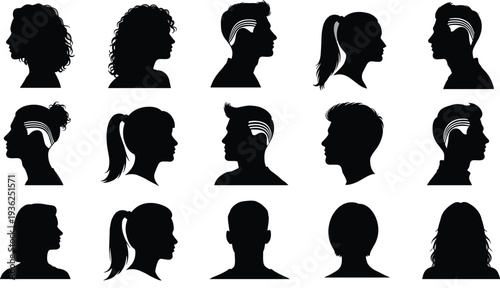 Human head profile silhouettes with diverse hairstyles and neural line patterns, representing diversity, cognition, and creative vector illustration design projects