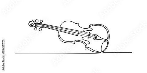A simple line art illustration of a violin resting on a horizontal line against a white background. Vector, illustration