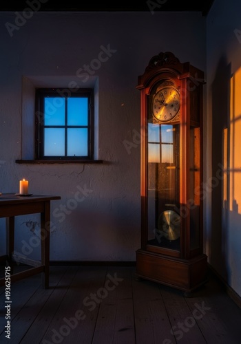 Dim farmhouse interior at twilight, bathed in soft, fading light. An old pendulum clock silently marks moments of deep stillness, nostalgic, antique, home