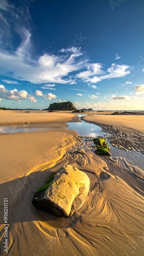 Wallpaper Mural Low-angle shot of a sandy beach with a small stream leading to the ocean under a cloudy sky. A small island is in the distance Torontodigital.ca