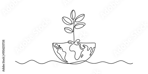 A continuous line drawing illustrating a plant growing from a half-globe representing environmental care and sustainability Vector, illustration