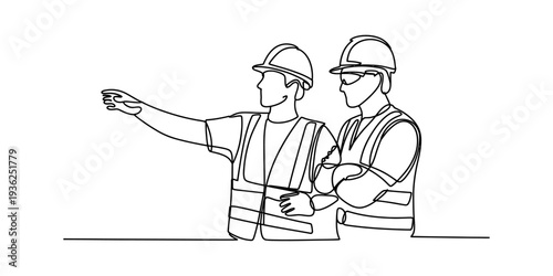 A continuous line drawing of two construction workers in hard hats and vests discussing a project Vector, illustration