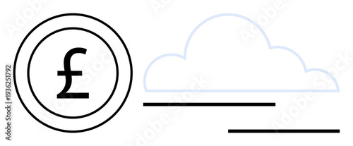 Finance, cloud computing, digital currency, online transactions, economics, data storage. Coin pound sign with abstract cloud elements. Finance and cloud computing in digital systems concept