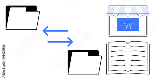 Business operations, e-commerce, file transfer, digital records, data synchronization, workflow management. Folder icons, arrows shopping cart and an open book. E-commerce and file transfer