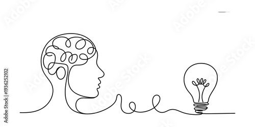Continuous line drawing of a human head profile connected to a light bulb, symbolizing a new idea or inspiration Vector, illustration