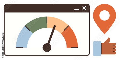 Business productivity, customer satisfaction, analytics, performance monitoring, feedback, geolocation. Speedometer gauge, location pin thumbs-up hand. Productivity and customer satisfaction