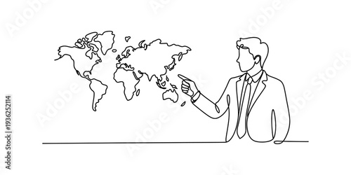 Continuous line art drawing of a businessman pointing at a world map, representing global business strategy Vector, illustration