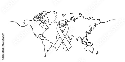 Global awareness concept illustration featuring a world map outline and a centered ribbon symbol Vector, illustration