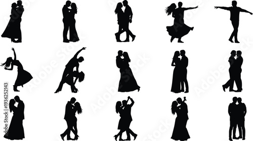 Couples dancing silhouettes collection, partner dance poses vector illustration, expressive movement icon design, romantic performance artwork, ballroom and social dance graphic
