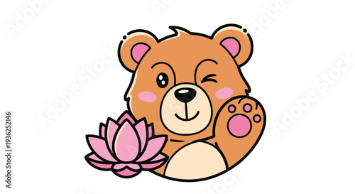 Cute Bear with Lotus Flower and Paw