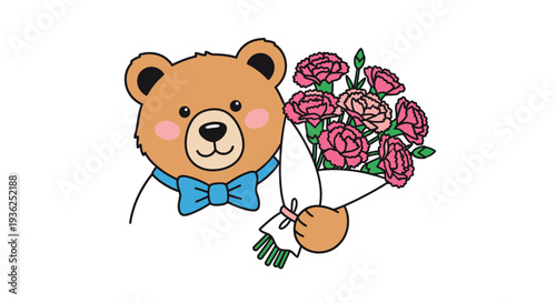 Cute teddy bear with bouquet of pink carnations for celebration