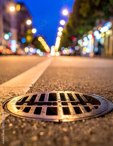 Wallpaper Mural Low-angle view of a city street at dusk, showcasing a drain cover in the foreground and blurred streetlights in the background Torontodigital.ca