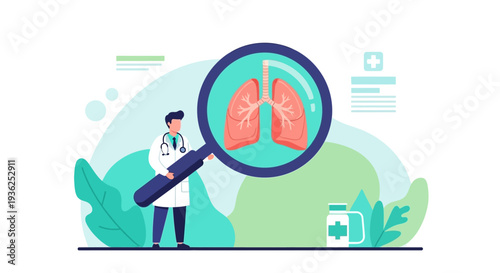 Doctor examines lungs with magnifying glass in green environment with medical icons