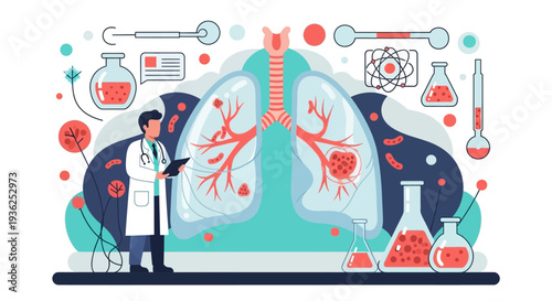 Doctor examines lung illustration with lab equipment and medical symbols around 