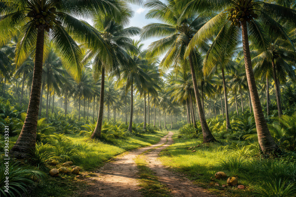 Obraz premium A serene pathway through a lush palm tree forest.